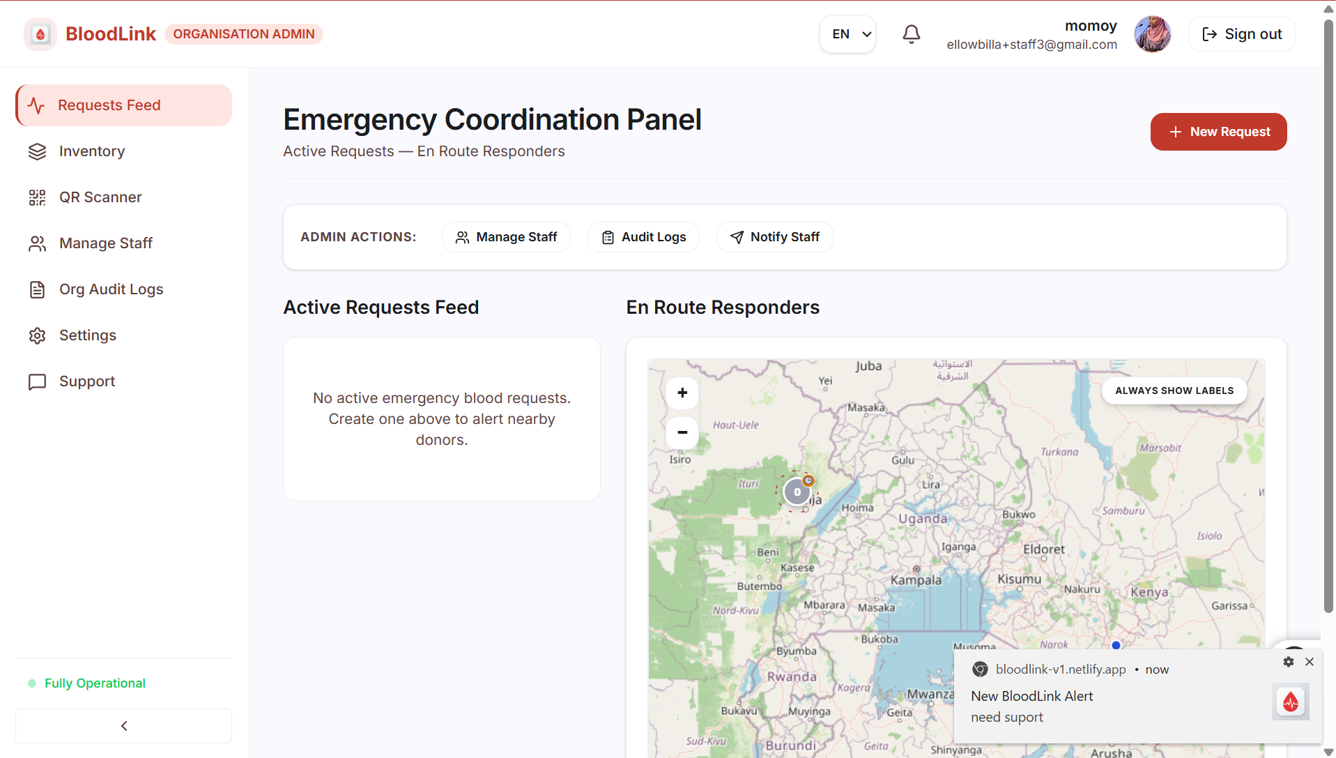 BloodLink screen: Dashboard