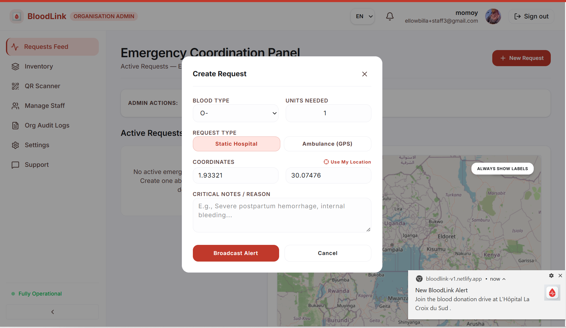 BloodLink screen: Emergency request