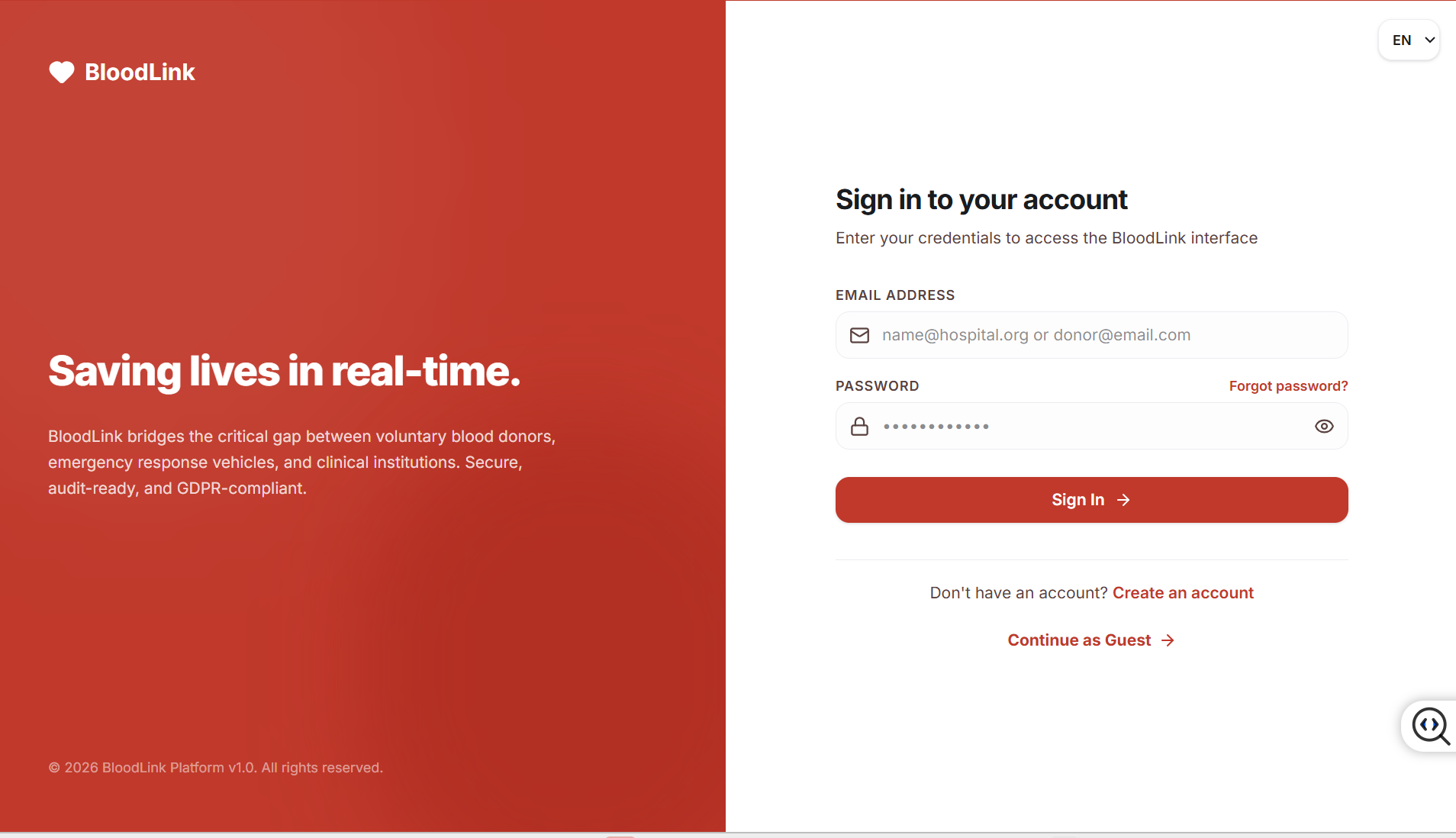BloodLink platform main screen